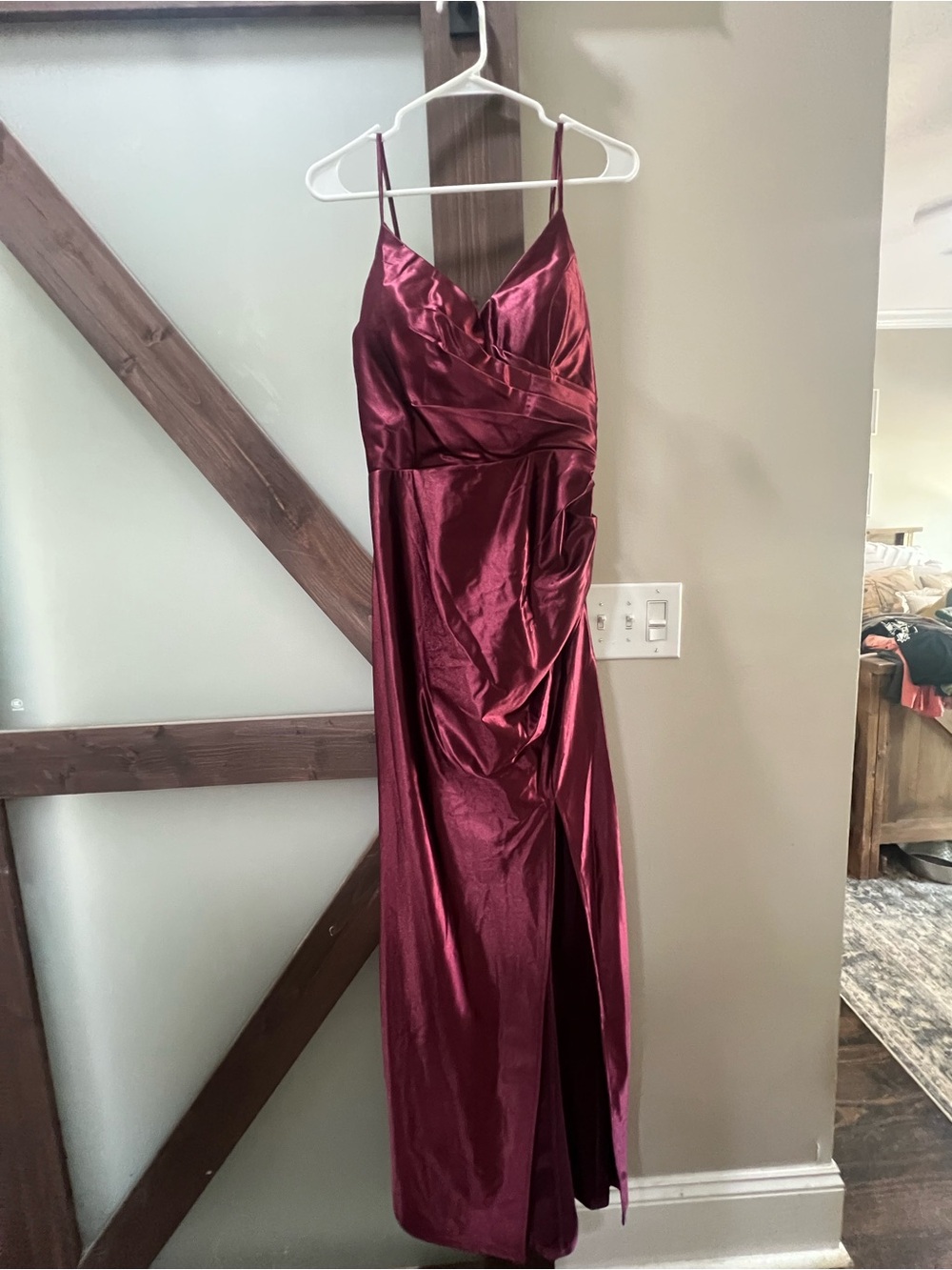 David's Bridal Satin Burgundy Spaghetti-Strap Evening Gown